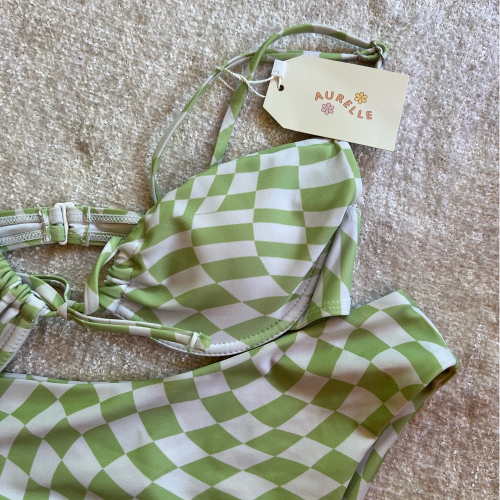 NWT Aurelle Green Checkered Bikini